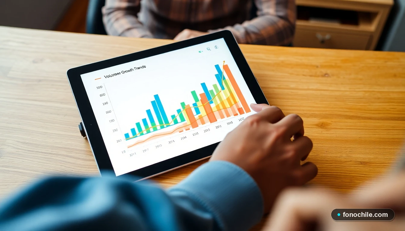 Gráfico abstracto de crecimiento del voluntariado en hospitales chilenos mostrado en una tablet