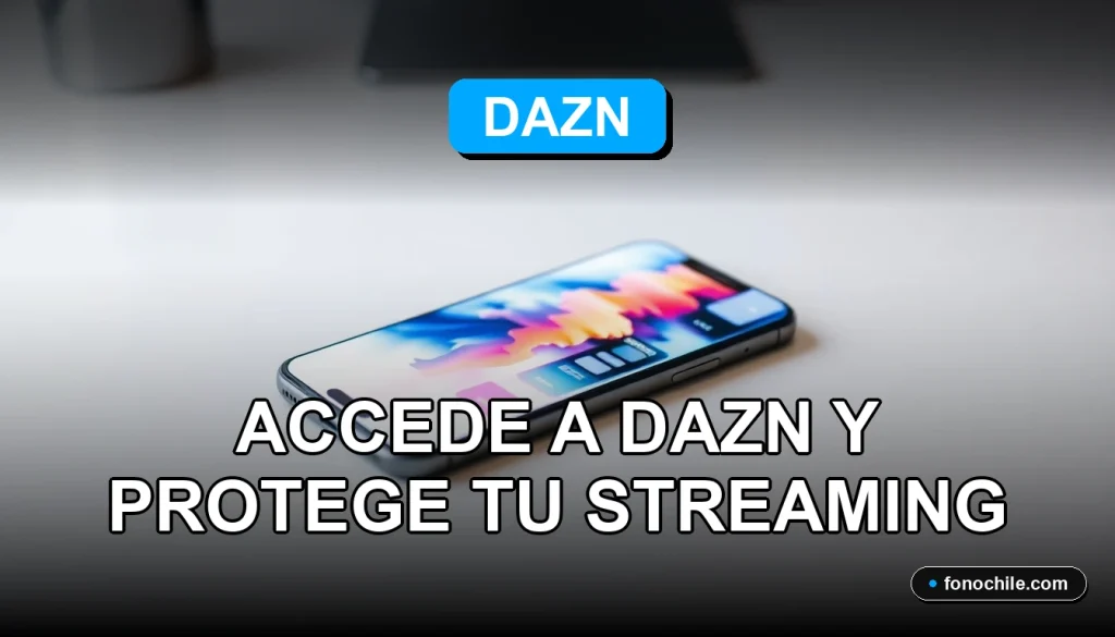 Una aplicación de VPN en un teléfono inteligente mostrando gráficos abstractos, sobre un escritorio moderno con un mapa de Chile de fondo.