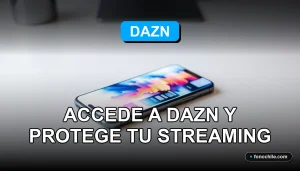 Una aplicación de VPN en un teléfono inteligente mostrando gráficos abstractos, sobre un escritorio moderno con un mapa de Chile de fondo.