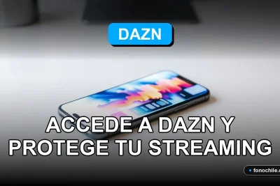 Una aplicación de VPN en un teléfono inteligente mostrando gráficos abstractos, sobre un escritorio moderno con un mapa de Chile de fondo.