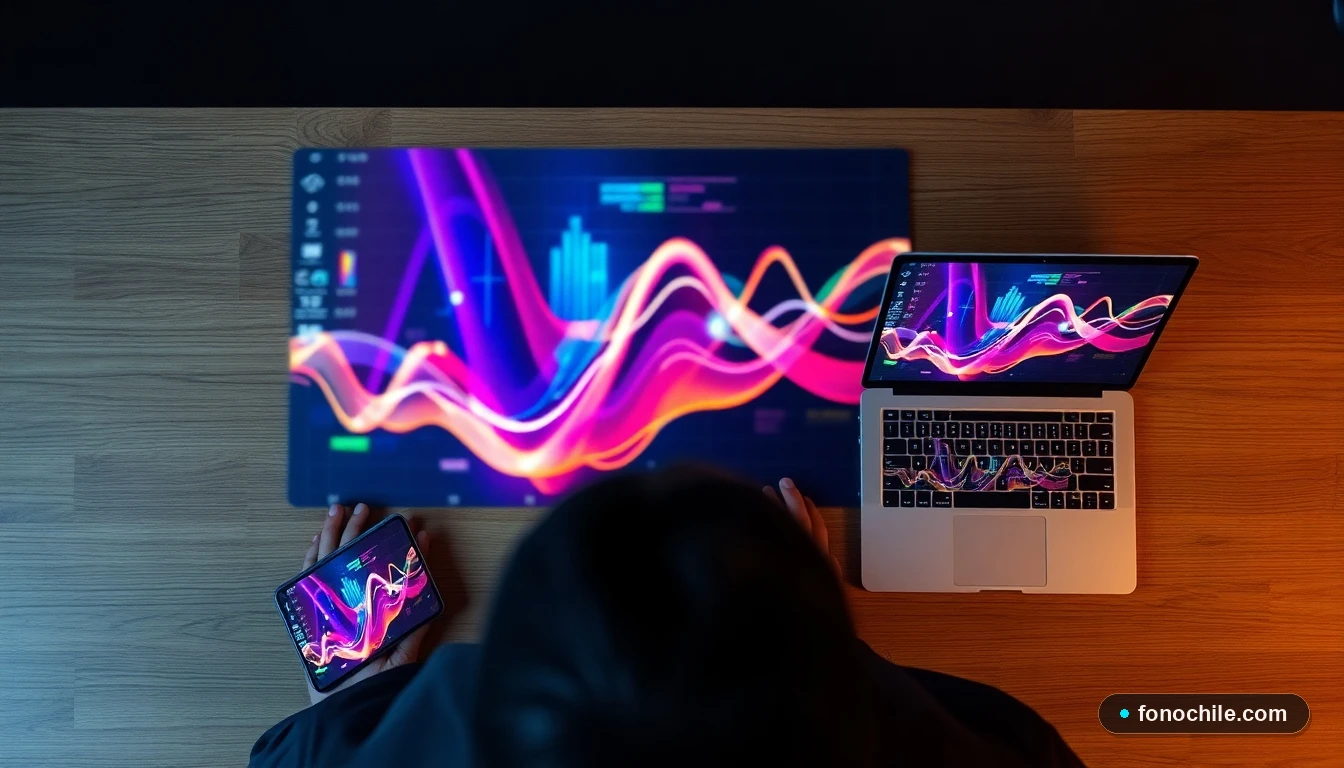 Visualización abstracta de seguridad digital y flujo de datos cifrados en dispositivos sobre una mesa.