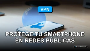 Una aplicación de VPN segura para smartphone mostrando un escudo digital sobre un mapa de Chile, concepto de protección en redes públicas.