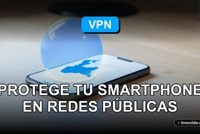 Una aplicación de VPN segura para smartphone mostrando un escudo digital sobre un mapa de Chile, concepto de protección en redes públicas.