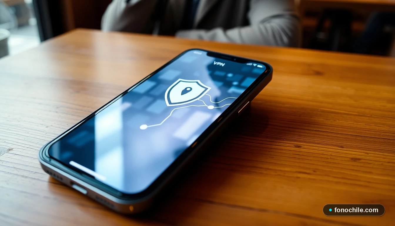 Smartphone mostrando una aplicación de VPN activa con un escudo de protección, sobre una mesa en un entorno público en Chile.