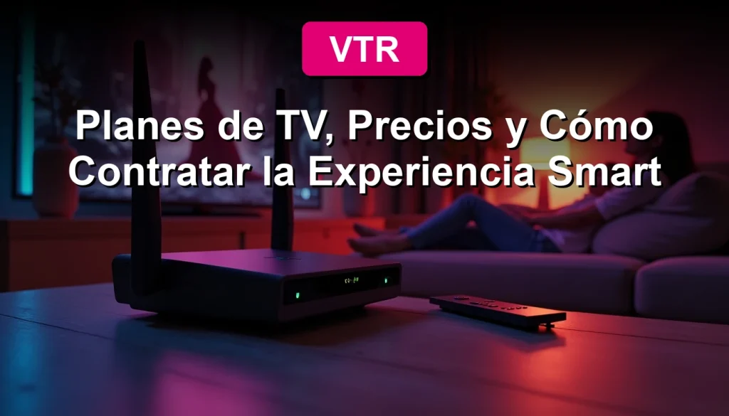 Un router VTR y un control remoto sobre una mesa de luz moderna, con la interfaz de la Experiencia Smart reflejada en la pantalla de un televisor encendido.