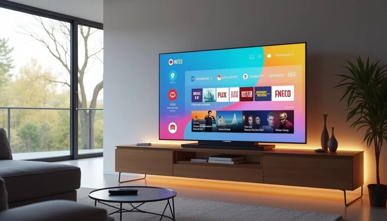 Interfaz de VTR Smart TV mostrada en un televisor moderno en una sala de estar minimalista.