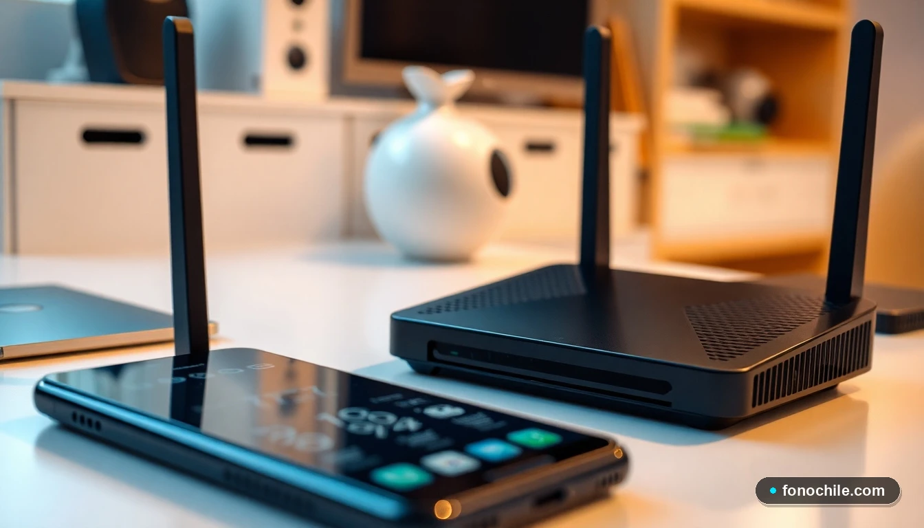 Primer plano de un router y módem VTR en negro, vistos desde un ángulo bajo, con un teléfono inteligente mostrando una interfaz genérica borrosa en el fondo desenfocado.