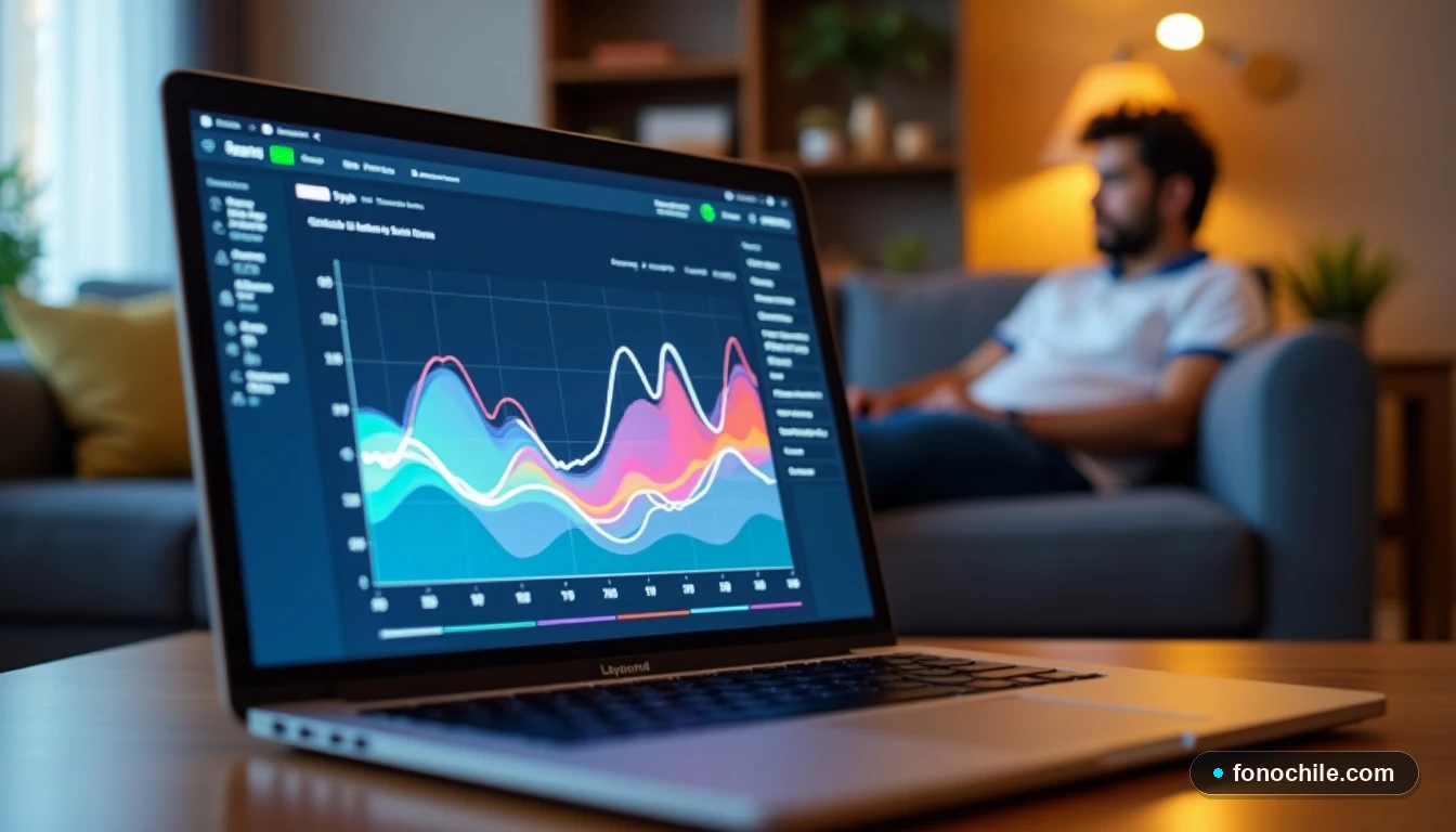 Gráficos de rendimiento de red en un laptop mostrando análisis de velocidad de internet en un hogar moderno.