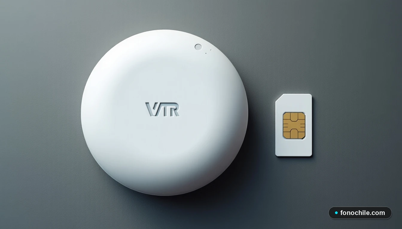 Primer plano aéreo de dispositivo de malla Wi-Fi VTR y tarjeta SIM, sobre superficie texturizada.