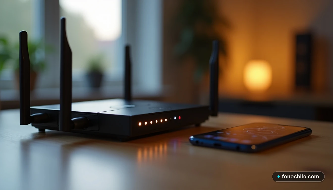 Vista lateral de un router y teléfono VTR sobre una mesa, con un enfoque artístico en las luces LED del dispositivo y la interfaz de la pantalla.