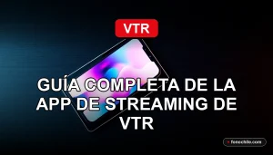 Una aplicación de streaming VTR Play abierta en un teléfono inteligente y una tableta moderna sobre una mesa de madera oscura, mostrando gráficos abstractos de colores en sus pantallas.