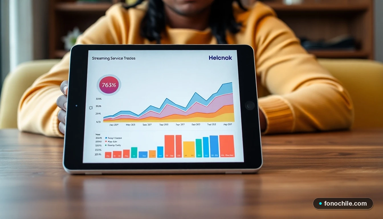 Gráfico abstracto de datos de tendencias de streaming en una tablet sobre una mesa de madera