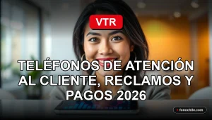 Una mujer latina sonriente, representando el servicio al cliente de VTR, con un teléfono inteligente moderno mostrando gráficos abstractos en su pantalla.