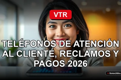Una mujer latina sonriente, representando el servicio al cliente de VTR, con un teléfono inteligente moderno mostrando gráficos abstractos en su pantalla.