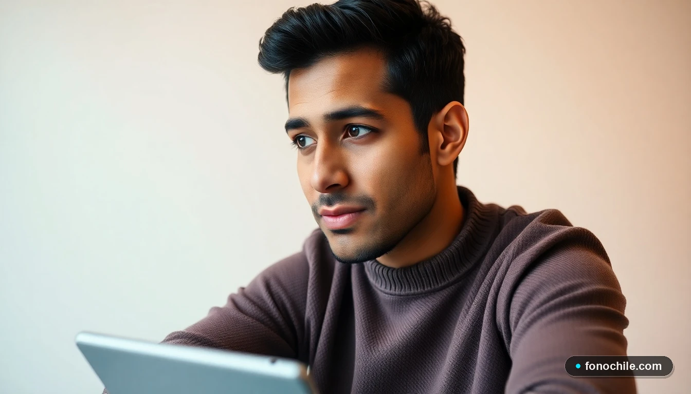 Un hombre hispano escuchando atentamente, representando el equipo de soporte de VTR, junto a una tablet con una interfaz genérica en un entorno profesional.