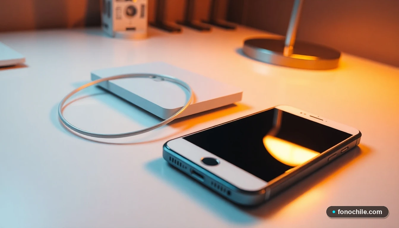 Detalle de router VTR y smartphone sobre escritorio minimalista, con cable de fibra óptica, representando conectividad en el hogar.