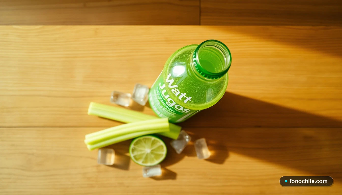 Vista superior de una botella abierta de jugo natural Watts Jugos, con un apio fresco, una rodaja de lima y hielo sobre una mesa de madera.