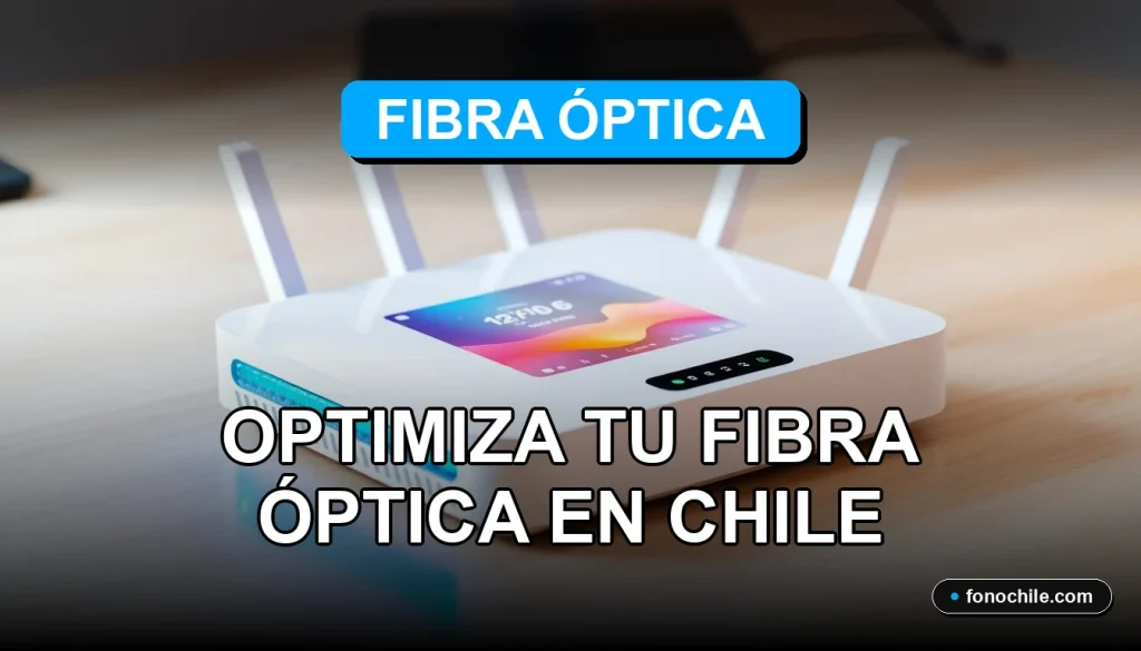Router WiFi moderno con luces LED azules sobre escritorio de madera, mostrando gráficos abstractos de velocidad en su pantalla.