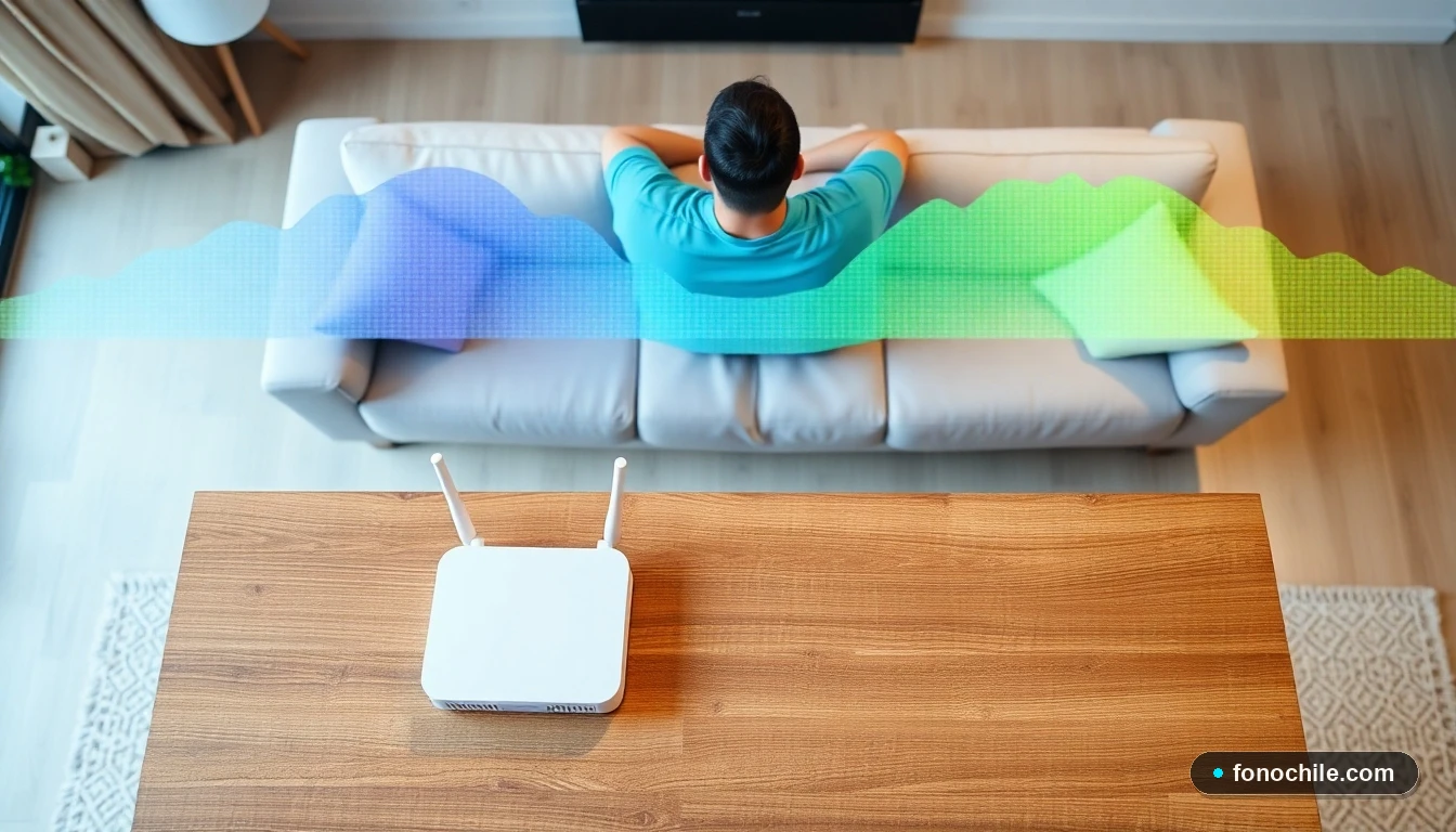 Router WiFi 6 y dispositivo inteligente en hogar chileno con gráfico abstracto de señal de internet estable
