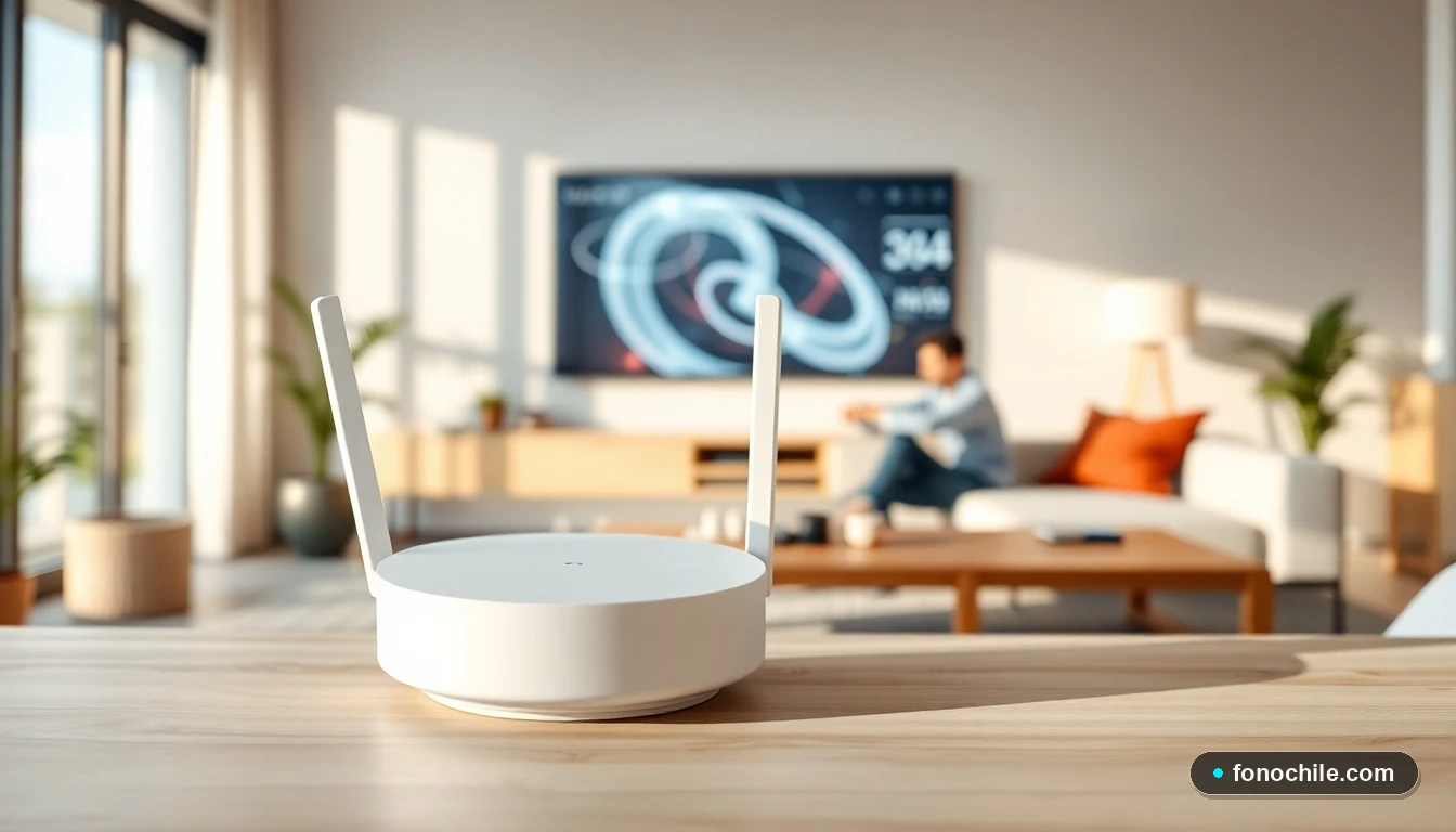 Sistema WiFi Mesh moderno en una casa chilena iluminada, conectado a fibra óptica para cobertura total sin zonas muertas.