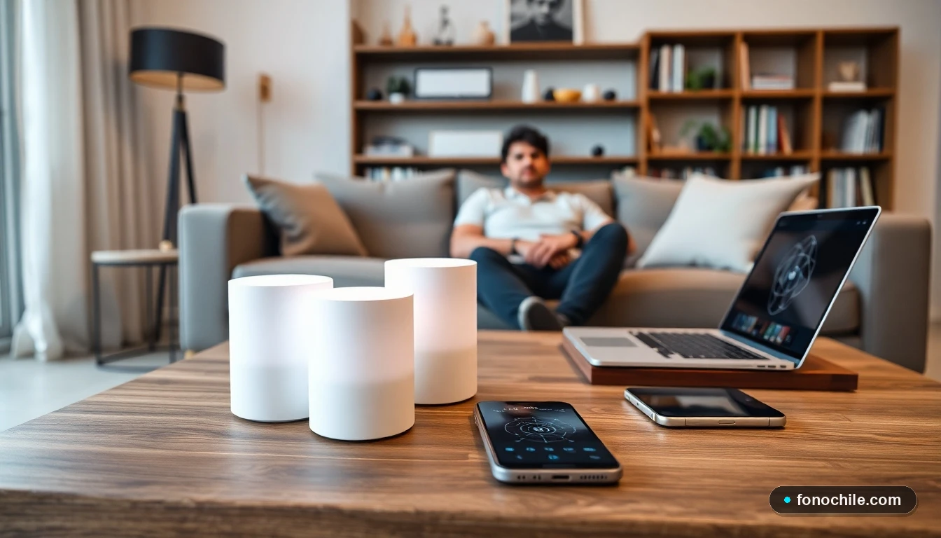 Sistema WiFi Mesh de tres nodos instalado en un living moderno chileno para eliminar zonas sin señal.