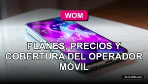Un teléfono inteligente moderno con gráficos abstractos de colores, mostrando planes y cobertura de WOM Chile 2026, sobre una mesa de diseño.