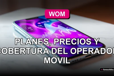 Un teléfono inteligente moderno con gráficos abstractos de colores, mostrando planes y cobertura de WOM Chile 2026, sobre una mesa de diseño.