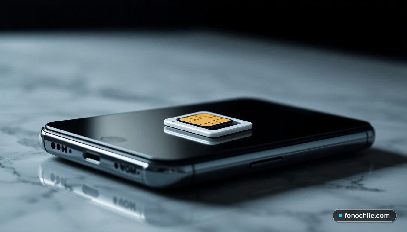 Tray de tarjeta SIM y teléfono inteligente moderno de WOM, mostrando la calidad del hardware y la tecnología de la operadora.