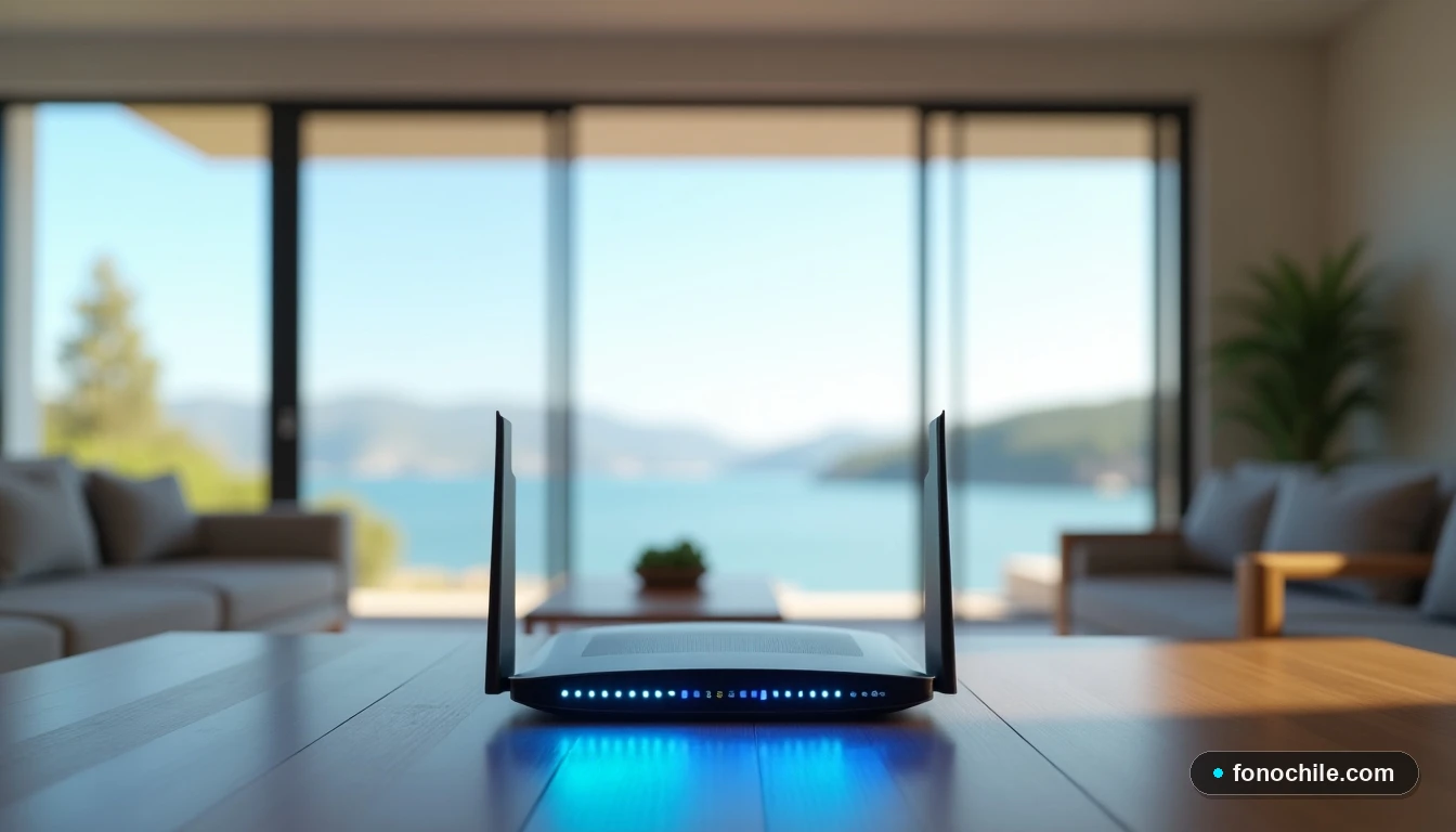 Router moderno de WOM en un interior en Castro, Chiloé, representando una conexión a internet estable y de alta velocidad.