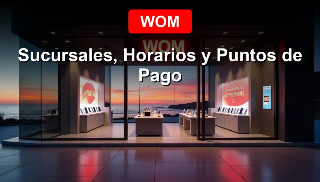 Un hombre joven sonríe mientras mira la pantalla de su smartphone, con el logo WOM reflejado en la ventana de un local moderno en La Serena al atardecer.