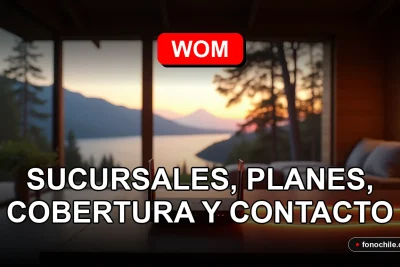 WOM logo sobre un mapa digital de Pucón, con gráficos abstractos de cobertura de red.