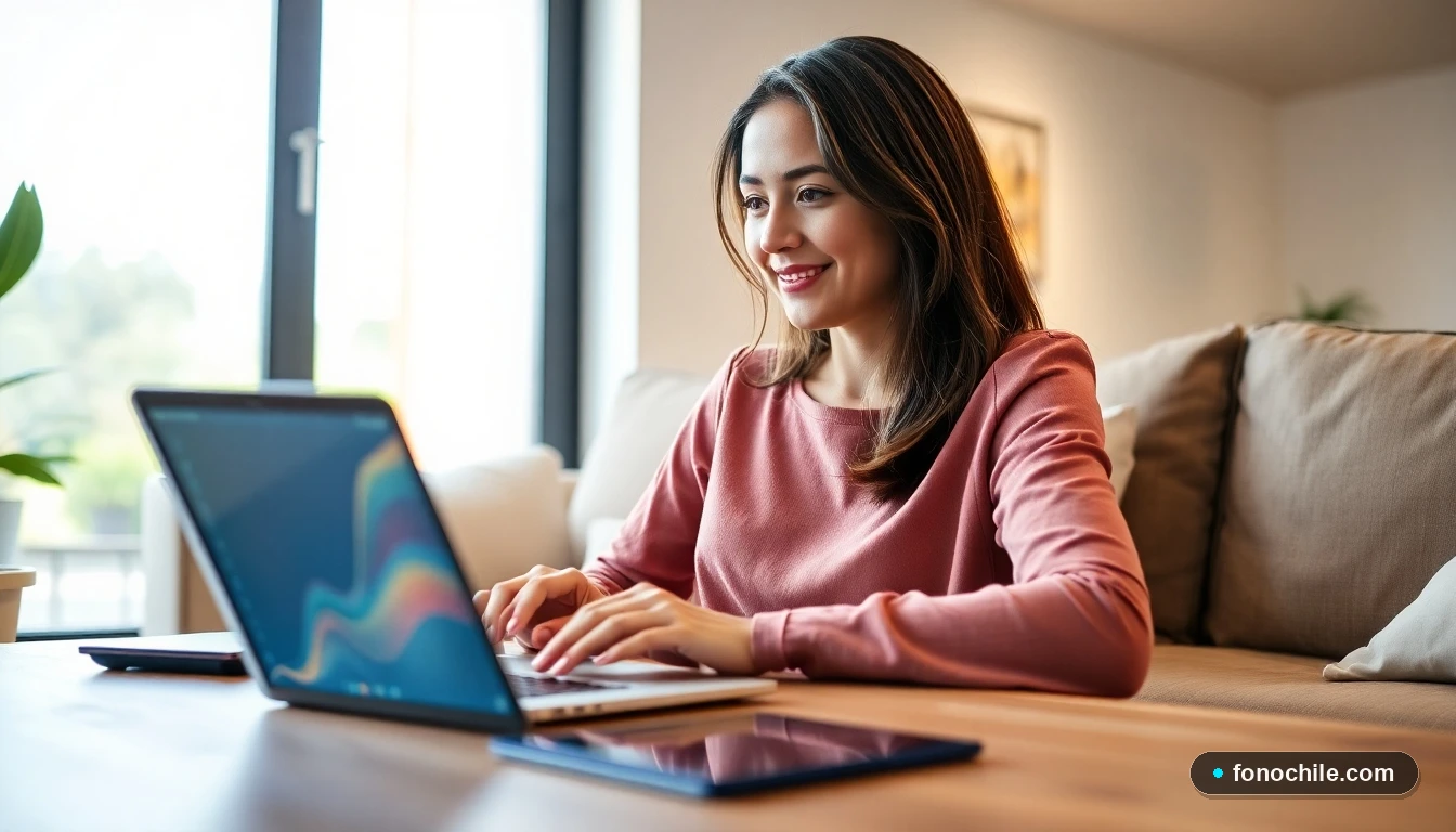Mujer en su hogar en Chile disfrutando de una conexión a internet de alta velocidad con múltiples dispositivos conectados.