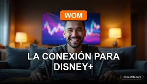 Un hombre hispano sonríe mientras ve una pantalla con gráficos de colores en su sala moderna, representando la conexión de fibra óptica WOM para Disney+.
