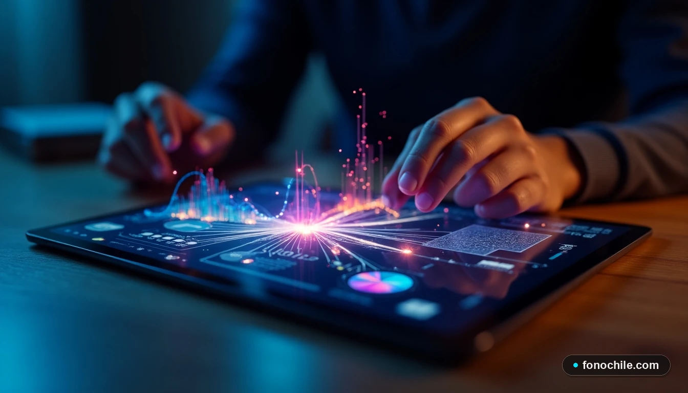 Visualización abstracta de datos de red de fibra óptica WOM mostrando altas velocidades y conexión estable ideal para streaming.