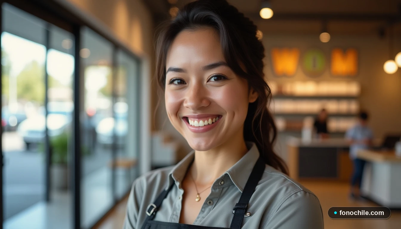 Asesora de WOM sonriendo en la sucursal de Puente Alto.