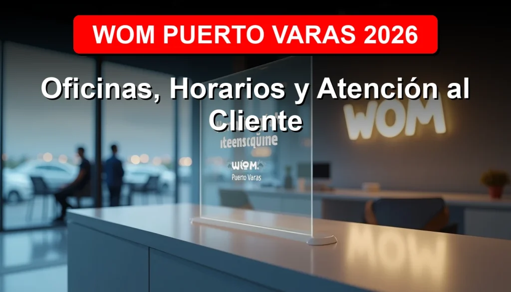 Oficinas modernas de WOM en Puerto Varas con vista al volcán Osorno, mostrando horarios de atención y servicio al cliente.
