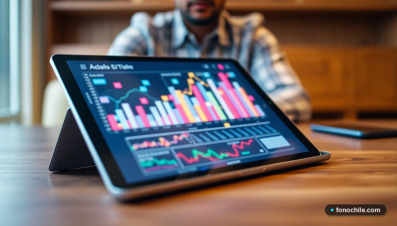 Tablet mostrando gráficos abstractos de datos de cobertura y ubicación de servicios de telecomunicaciones en Chile.