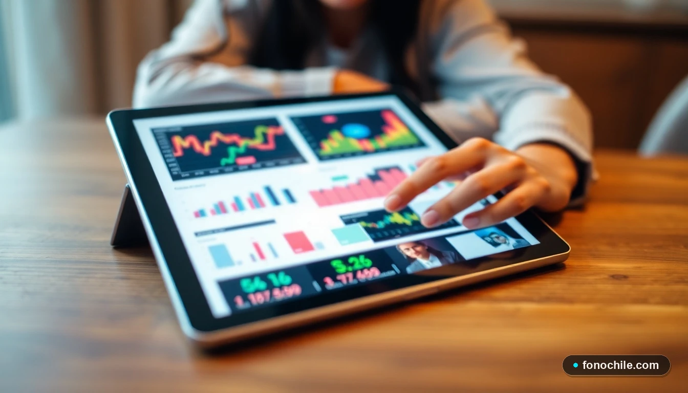 Persona consultando gráficos de datos sobre atención al cliente en una tablet sobre una mesa de madera.