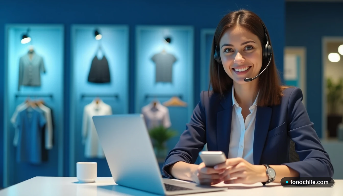 Agente de servicio al cliente de WOM en Valdivia atendiendo consultas, con dispositivos modernos sobre el mostrador.