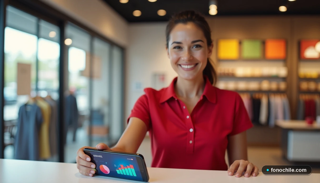 Asesora de WOM en sucursal ayudando a cliente, con teléfono mostrando gráficos en mostrador.