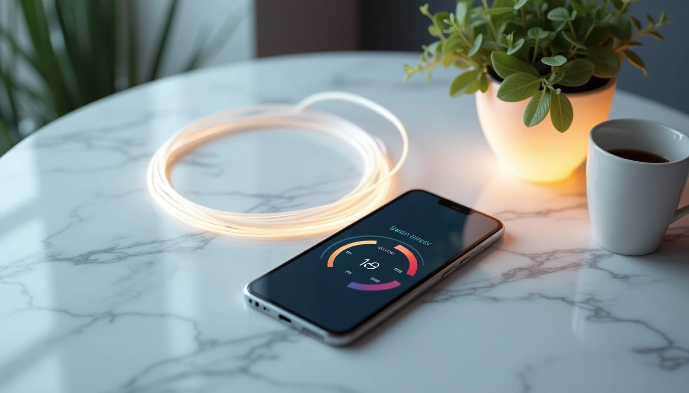 Comparativa visual de velocidad de internet móvil y fibra óptica en un entorno moderno