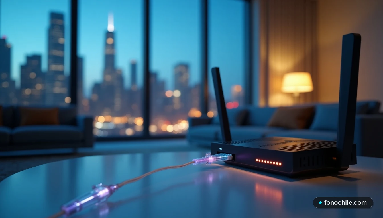 Detalle de conexión de fibra óptica y router moderno en un departamento con vista a la ciudad.
