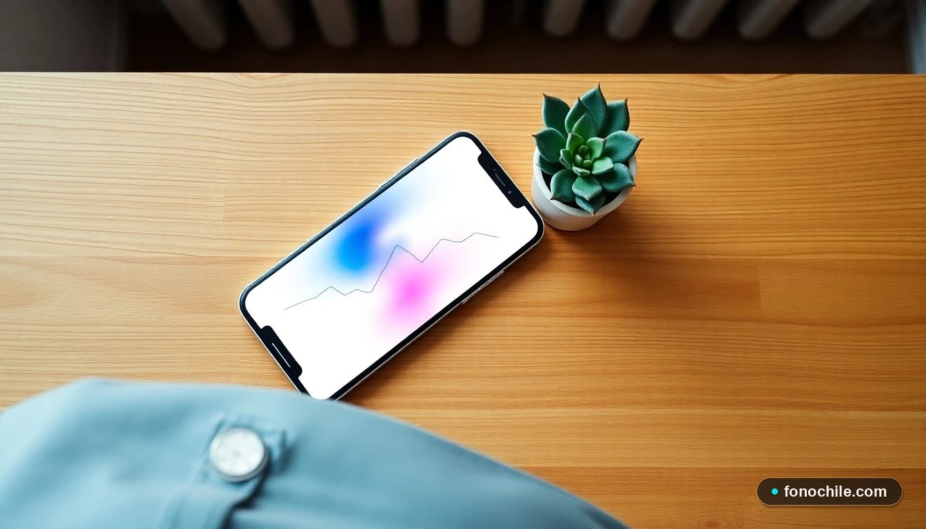 Smartphone mostrando gráfico abstracto de pago exitoso en escritorio con planta, concepto de Wompay Automático.