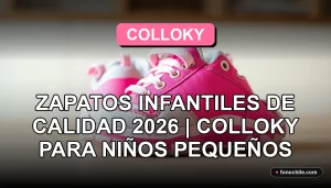 Zapatos infantiles de color rosa brillante y gris, con suela de goma, sobre una mesa de madera clara con luces suaves de estudio.