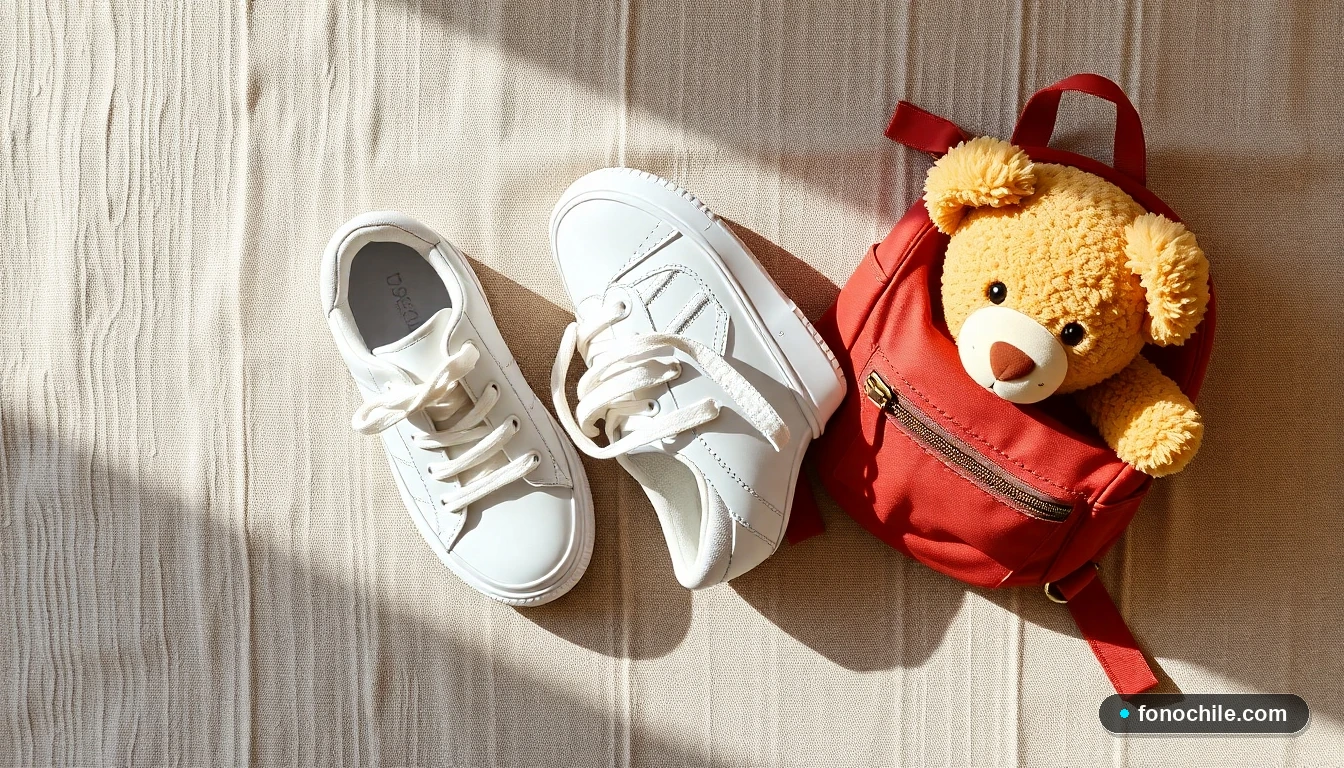 Composición plana de zapatos infantiles Colloky, una mochila pequeña y un peluche, sobre tela de lino beige.