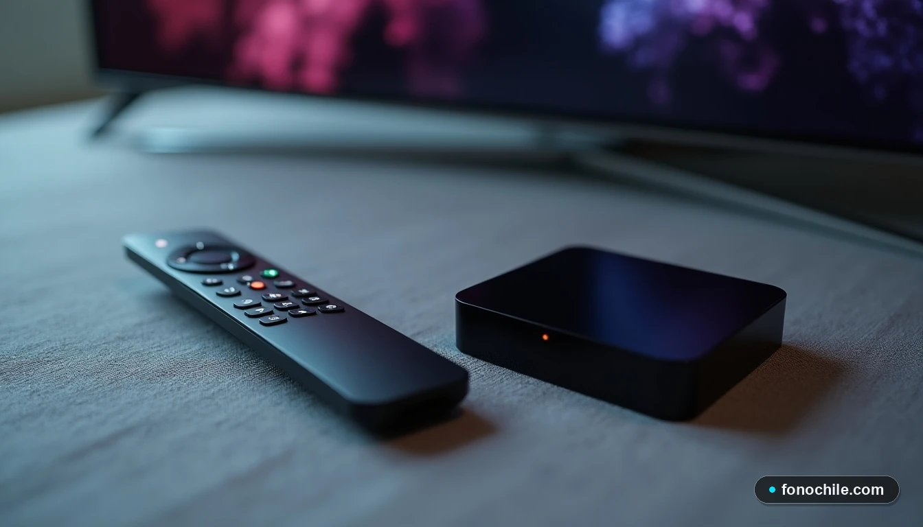 Vista superior de un control remoto y un dispositivo de streaming modernos sobre una superficie texturizada, con luces LED encendidas y una interfaz de usuario genérica difuminada al fondo.