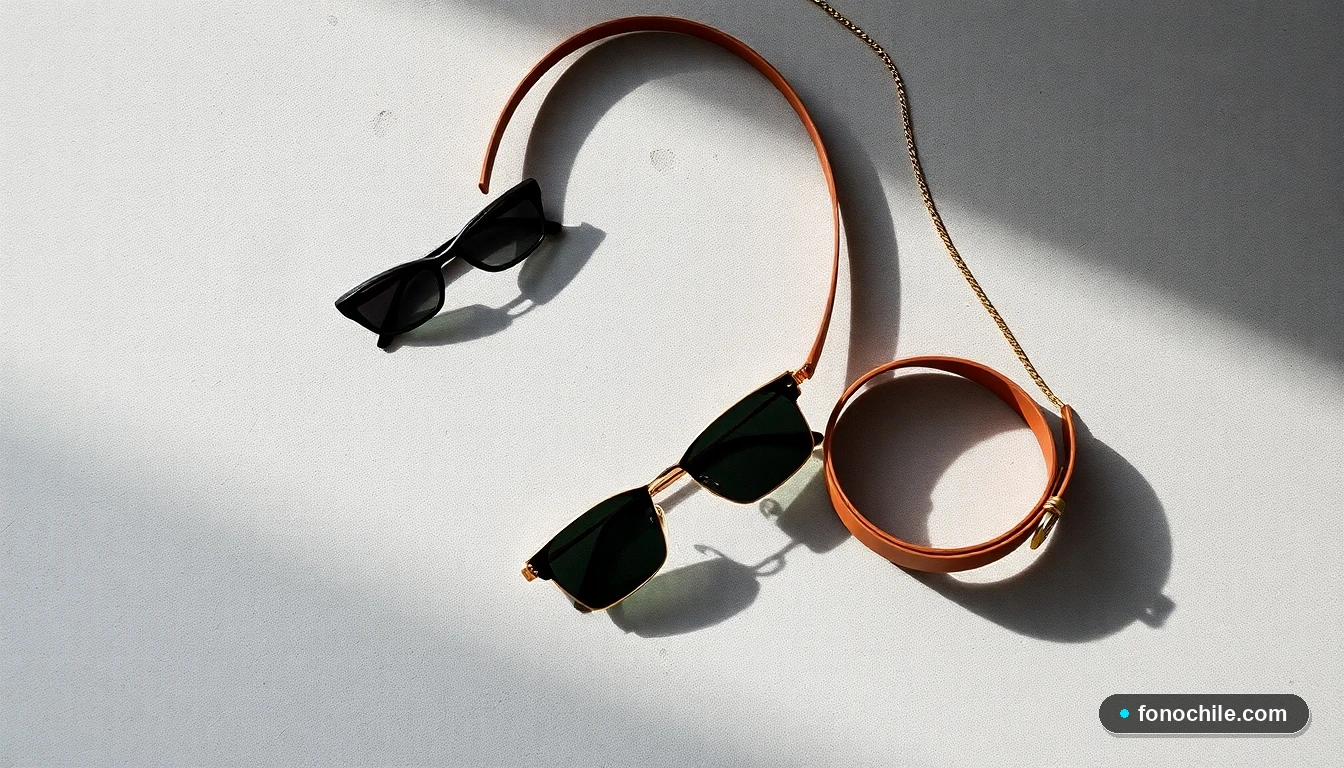Accesorios de moda Zara 2026, disposición plana de cinturón, gafas y collar sobre superficie de hormigón.