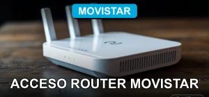 Router moderno de Movistar con luces LED en una mesa de madera, conexión a internet de alta velocidad.