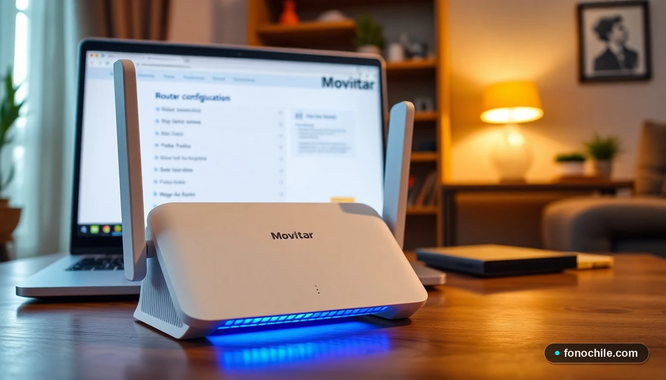 Router Movistar moderno en un hogar chiliano mostrando la interfaz de configuración de red