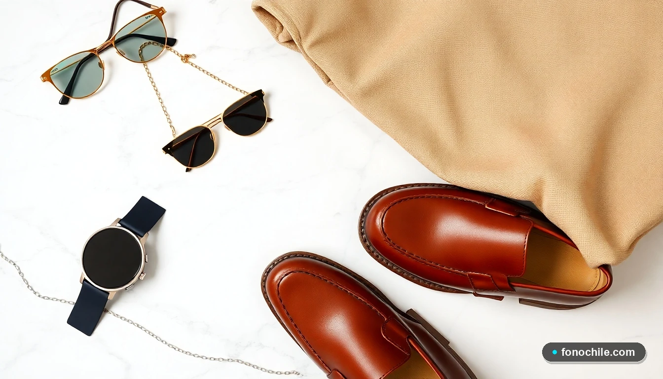 Accesorios de moda modernos y tendencia para el 2026 en Chile, incluyendo reloj inteligente, gafas y joyería.